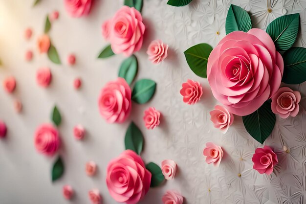 a wall with pink and pink roses and green leaves.