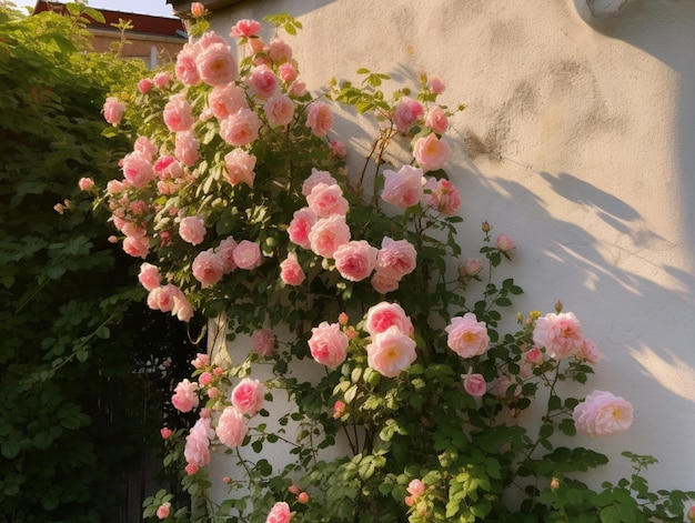 A wall with pink roses on it