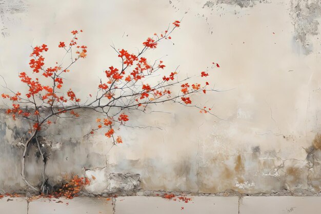 a wall with red flowers next to it in the style of stains washes