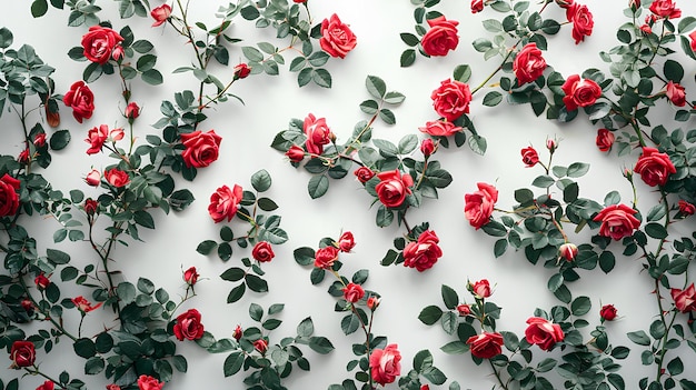 A wall with red roses and green leaves on