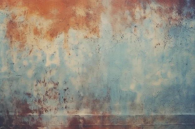 A wall with rust stains and a blue and white paint.