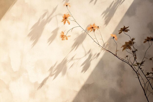 a wall with a shadow of a plant and leaves