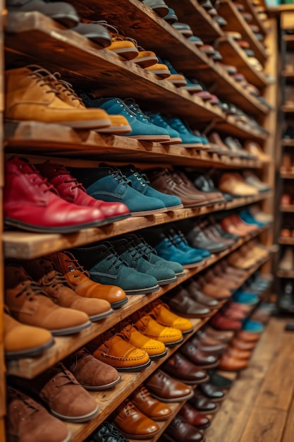 A wall with shoes inside the store There are many different shoes on the shelves