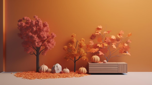 A wall with a tree and a bench with a pumpkin on it.