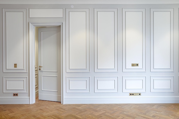 A wall with white panels and a door that says'the door '