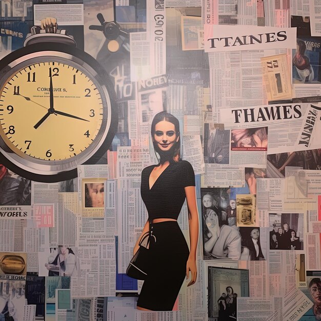 a wall with a woman and a clock on it