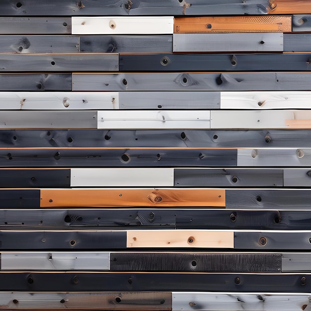 A wall of wood with black and white panels with different colored bolts.