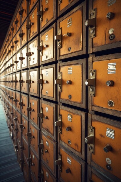 a wall of wooden boxes