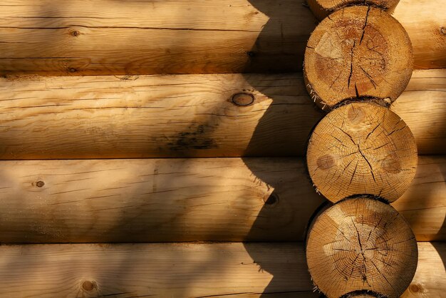 The wall of the wooden house of rounded timber End of logs