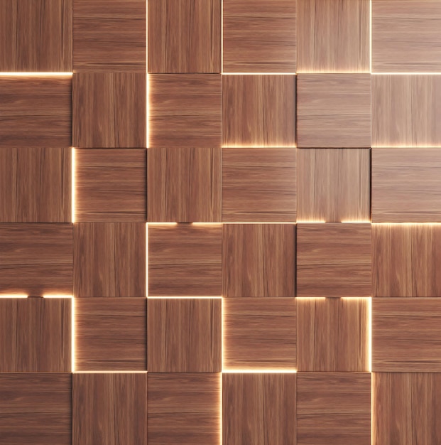 Photo a wall of wooden squares with lights and a light on it