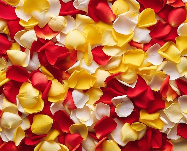 A wall of yellow and red flowers with yellow petals on it