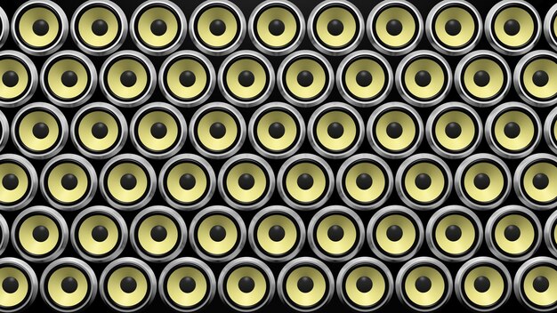 Wall of yellow speakers abstract background