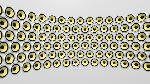 Wall of yellow speakers isolated on white