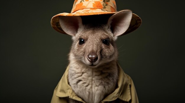 Photo a wallaby in tiny safari hat ar background