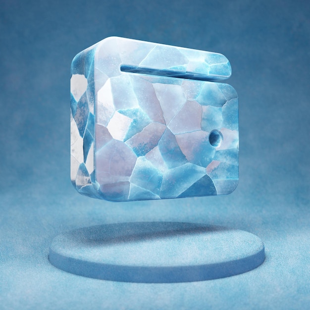 Wallet icon. Cracked blue Ice Wallet symbol on blue snow podium. Social Media Icon for website, presentation, design template element. 3D render.