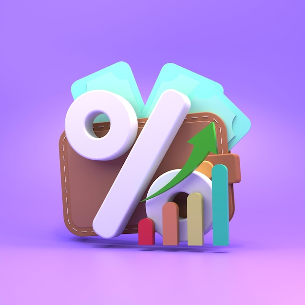 Wallet money and growth graph 3d render