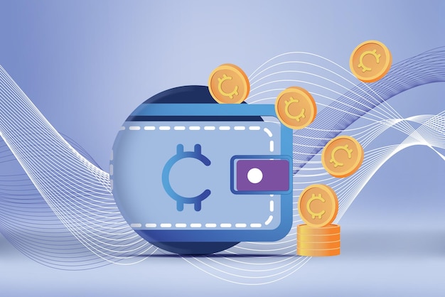 wallet sticking out of hole and cryptocurrency coins on light blue background illustration