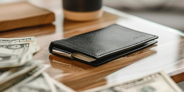 Photo a wallet on a table with a stack of money on it