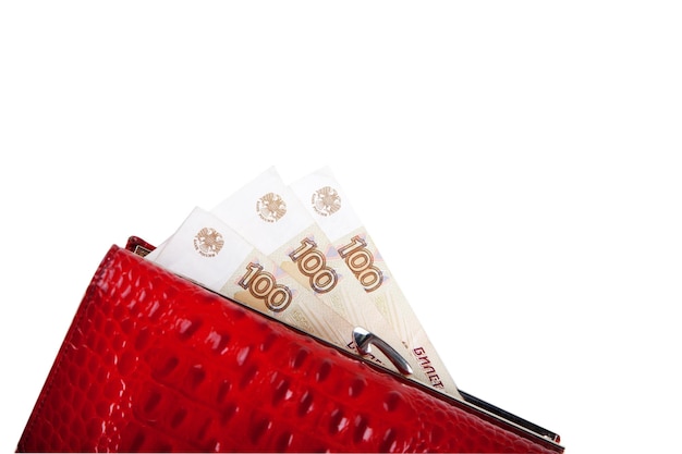 Wallet with coins will rubles on a white