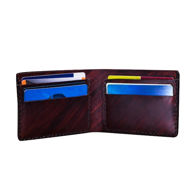 Wallet with credit cards and business cards on a white background