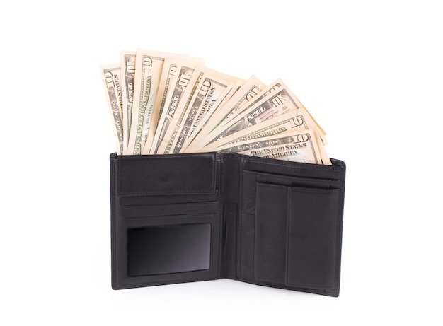 Photo wallet with dollar bills isolated on a white background