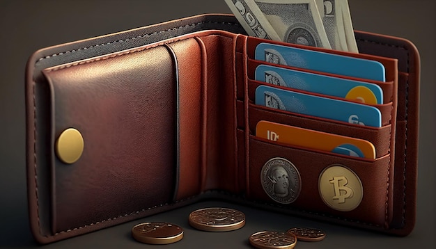 Wallet with money Coin and credit card wallet in 3D illustration Generative AI