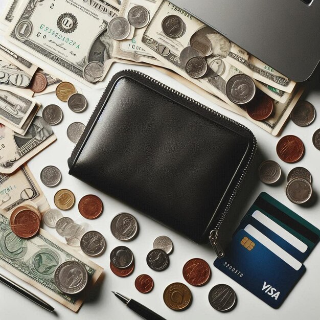 Photo a wallet with money and credit cards on it