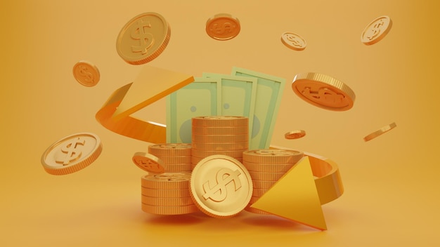 Walletcoins stackcash en gouden pijlen geldbesparend conceptIsoleren achtergrond 3D-rendering