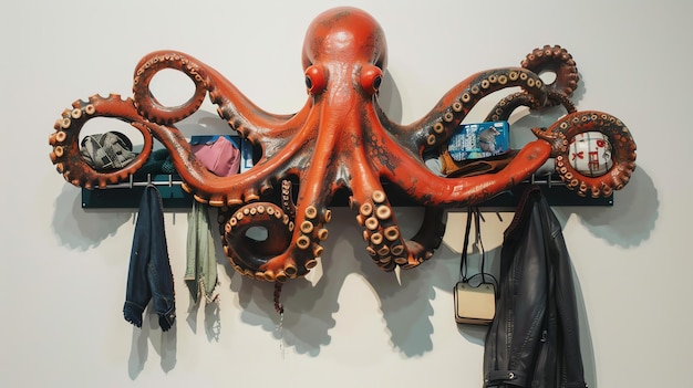 Foto un supporto per cappotti di polpo montato sulla parete con un corpo a forma di polpo rosso e tentacoli marroni