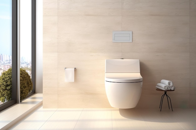 Wallmounted toilet in the toilet room with ceramic tiles design