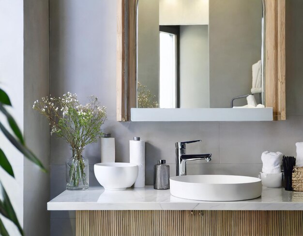 Wallmounted vanity with white ceramic vessel sink Interior design of modern scandinavian bathroom