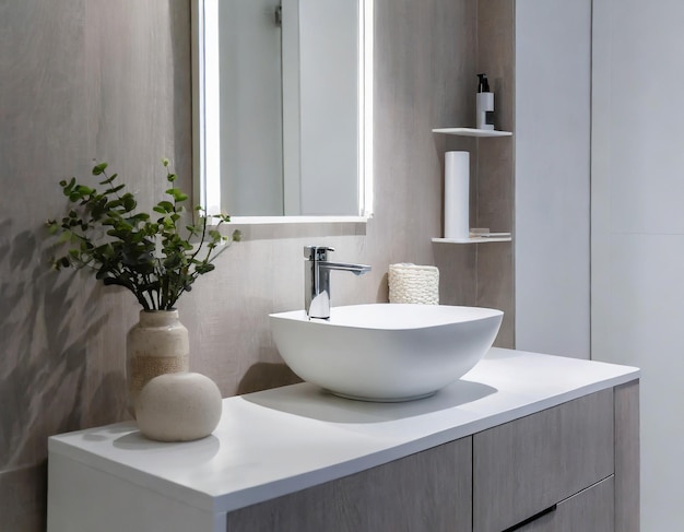 Wallmounted vanity with white ceramic vessel sink Interior design of modern scandinavian bathroom