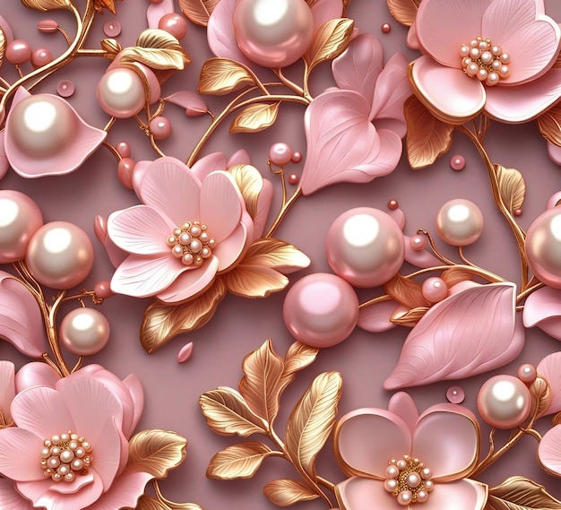 Wallpaper 3d bloemenpatroon luxe gouden roze sieraden