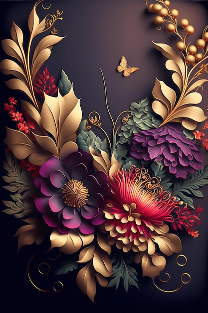 wallpaper 3d classic colorful floral illustration with a butterfly on the bottom