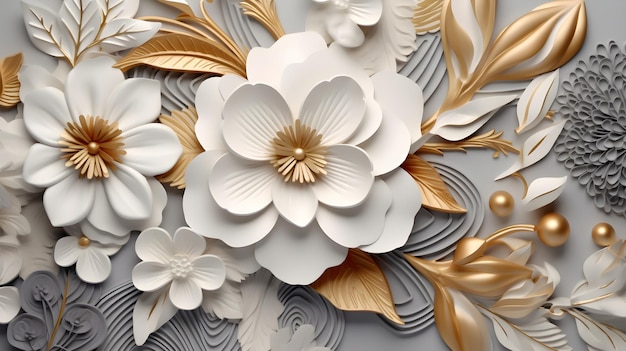 Wallpaper 3d classic flower gold and white and silver