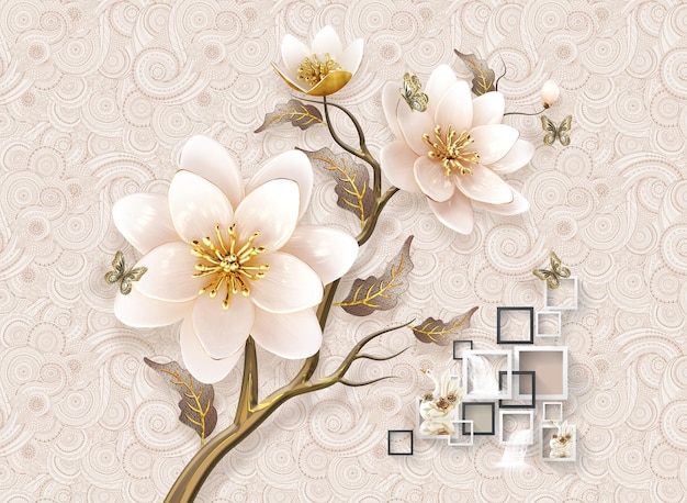 wallpaper 3d classic flower nice white and gold . 3d illustration