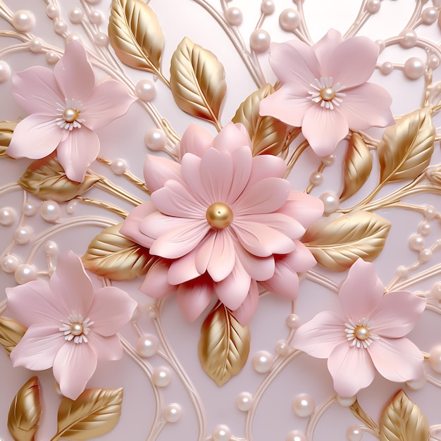 Wallpaper 3d classic flower pattern seamless golden white and Pink