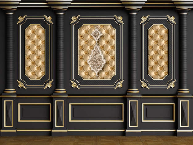 wallpaper 3d classic wall with gold and black panels with gold designs