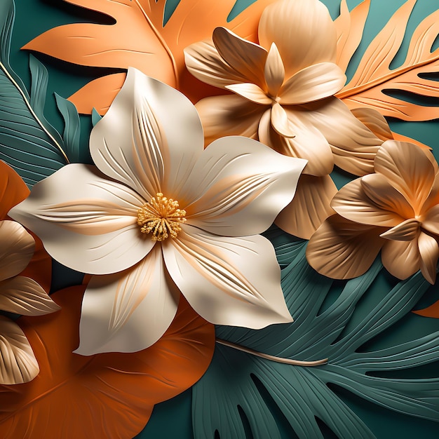 Wallpaper 3d floral orange and green paper art