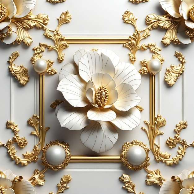 Wallpaper 3d klassieke bloemen frame gouden wit