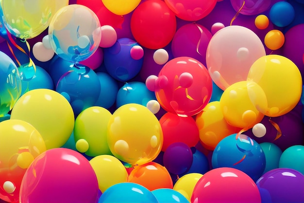 Foto wallpaper achtergrond van een verjaardag kleurrijke ballonnen confetti en verjaardagsfeestje hoeden samenstelling feest en viering concept