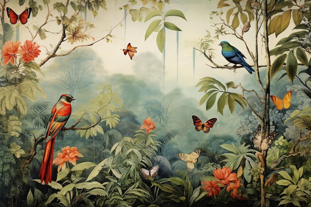 wallpaper animals in tropical forest vintage watercolor illustration background