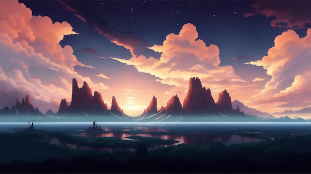 Anime scenery, sunset, anime school girl, clouds, artwork, Anime