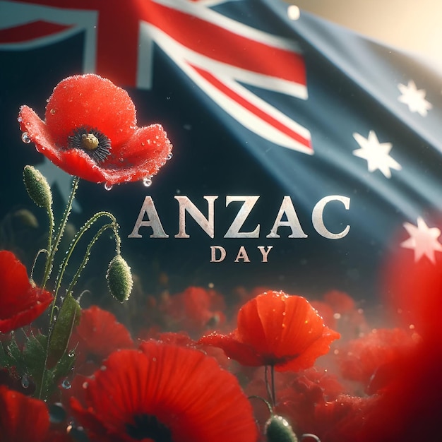 Photo wallpaper for anzac day with an australian flag and red poppies