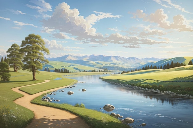 Wallpaper and background of beautiful village river views AI generated