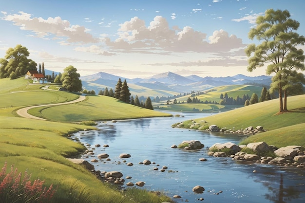 Wallpaper and background of beautiful village river views ai generated