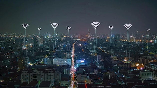 wallpaper background Modern city with wireless network connection at night