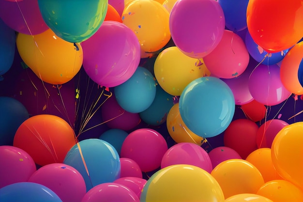 Фото Обои фон день рождения разноцветные воздушные шары конфетти и день рождения шляпы композиция вечеринка и празднование концепция