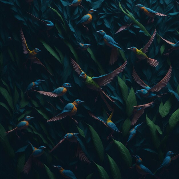 A wallpaper of birds with blue and yellow wings