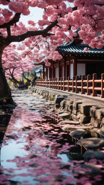 麗な寺院の庭に比べて満開の桜の壁紙 ジェネレーティブAI